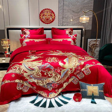 Luxury Gold Red Phoenix Wedding Wealth Duvet Cover Set, 1200TC Egyptian Cotton Bedding Set
